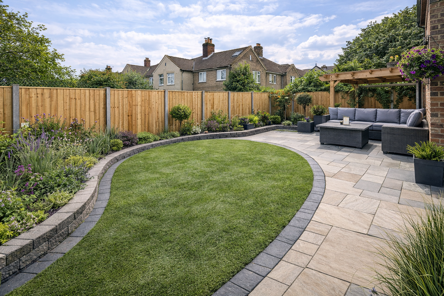 Featheredge fencing and landscaped garden