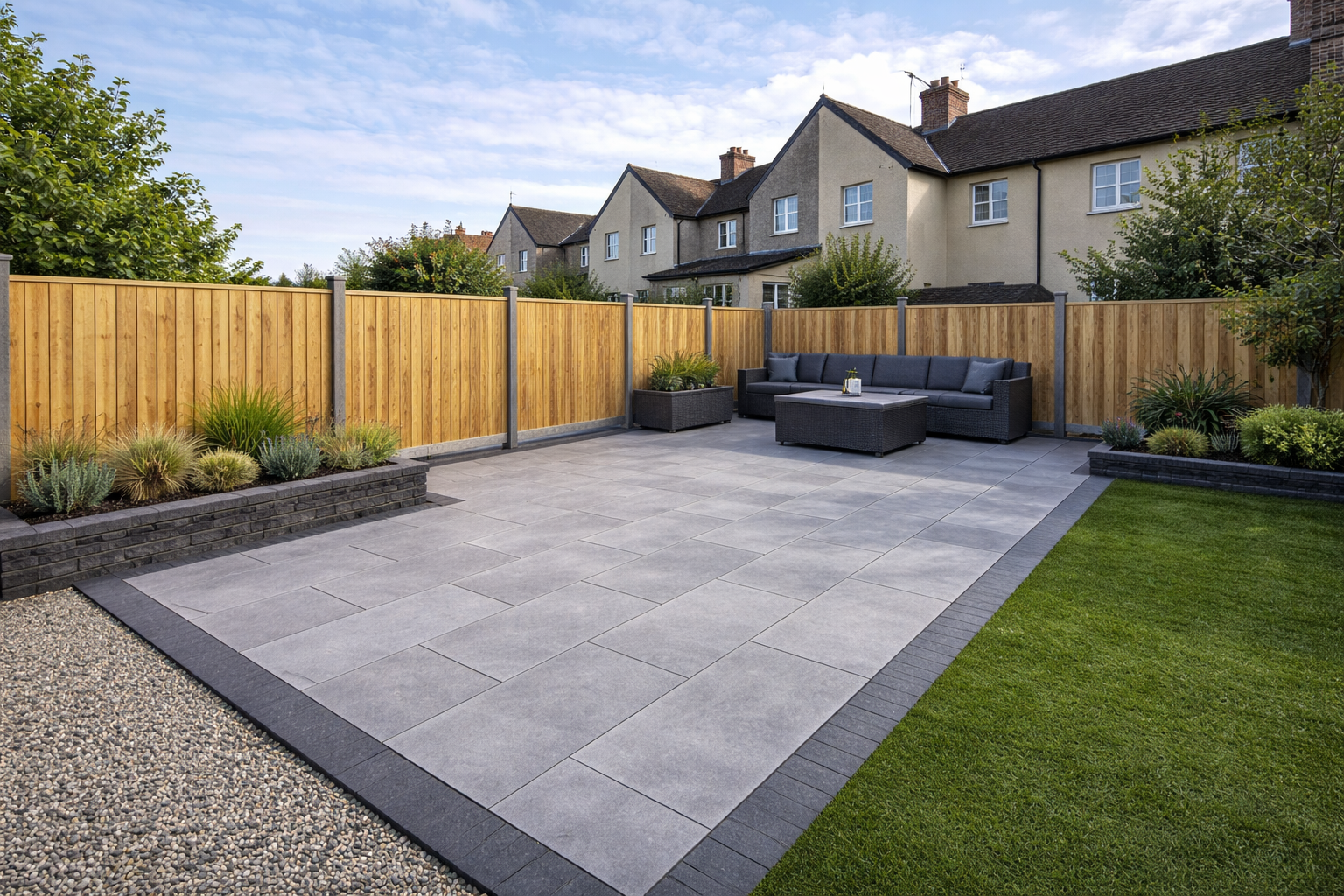 Large porcelain patio with fencing and seating area